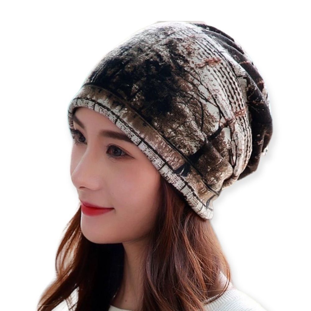Brown Jersey Knit Beanie Forest Print 4-in-1 NWT